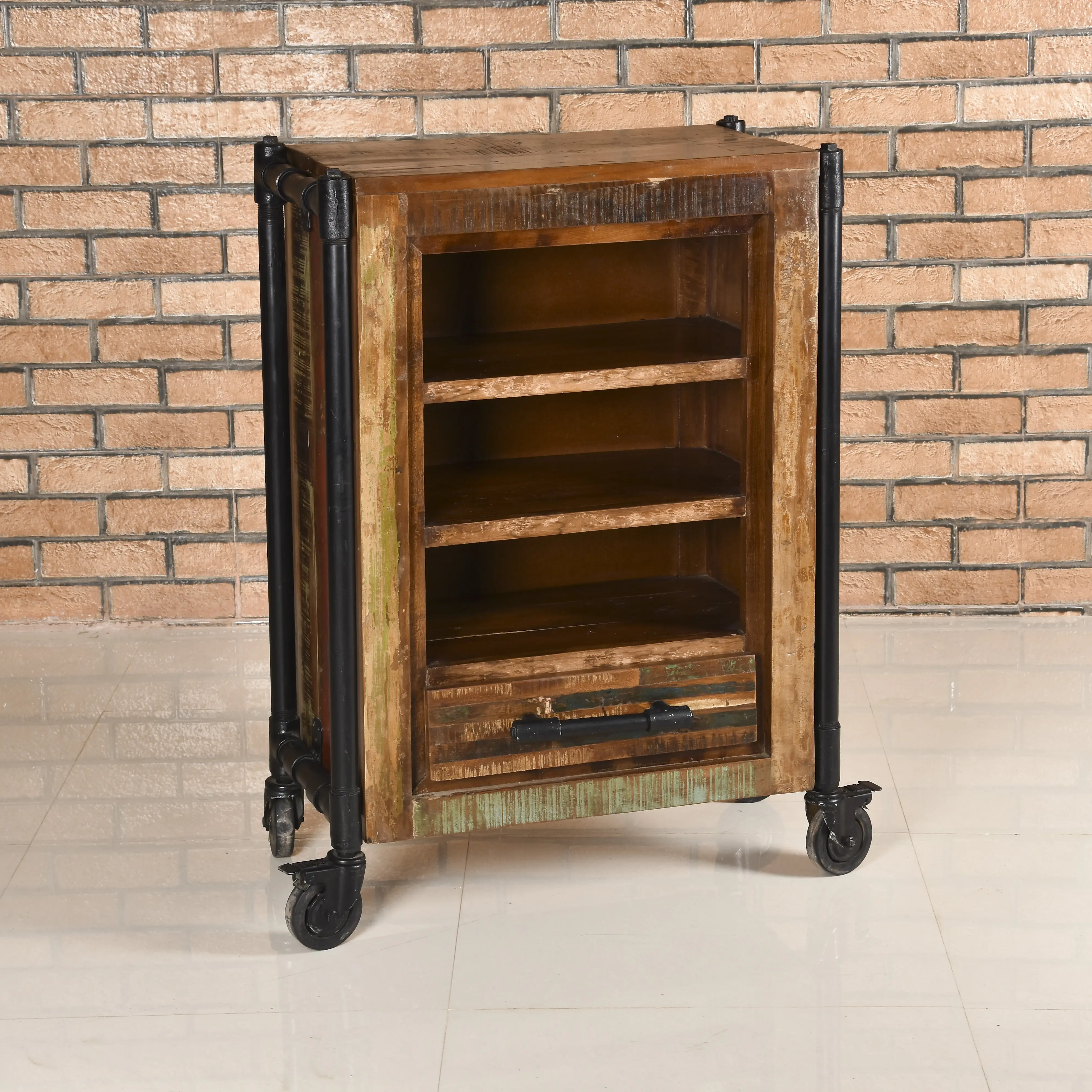 Reclaimed Wood Entertainment Unit with 1 Drawer & 3 Open Selves on Rollers - popular handicrafts